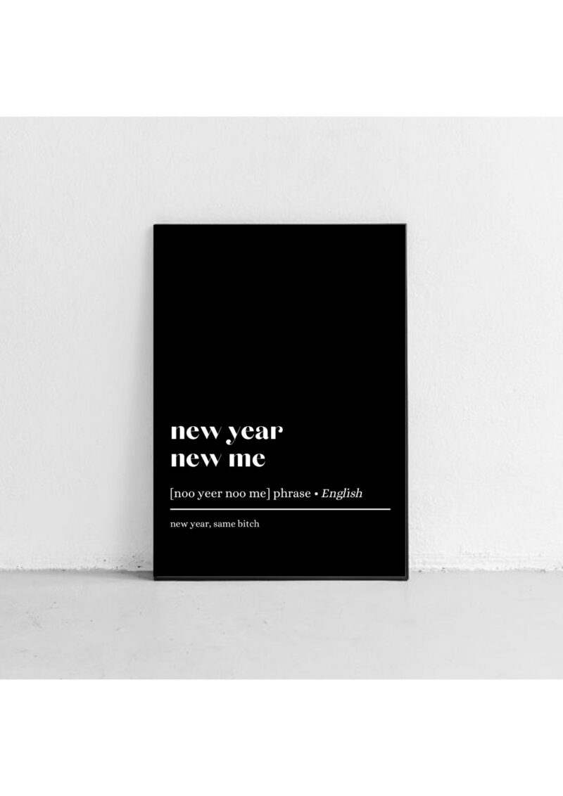 Sort Nyttårsposter med hvit tekst «new year, new me» i ramme