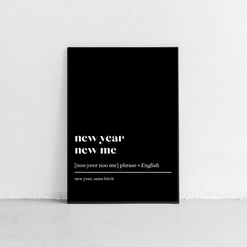 Sort Nyttårsposter med hvit tekst «new year, new me» i ramme